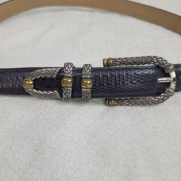 Brighton black textured leather belt mixed metal woven look silver gold finish L - Picture 2 of 7